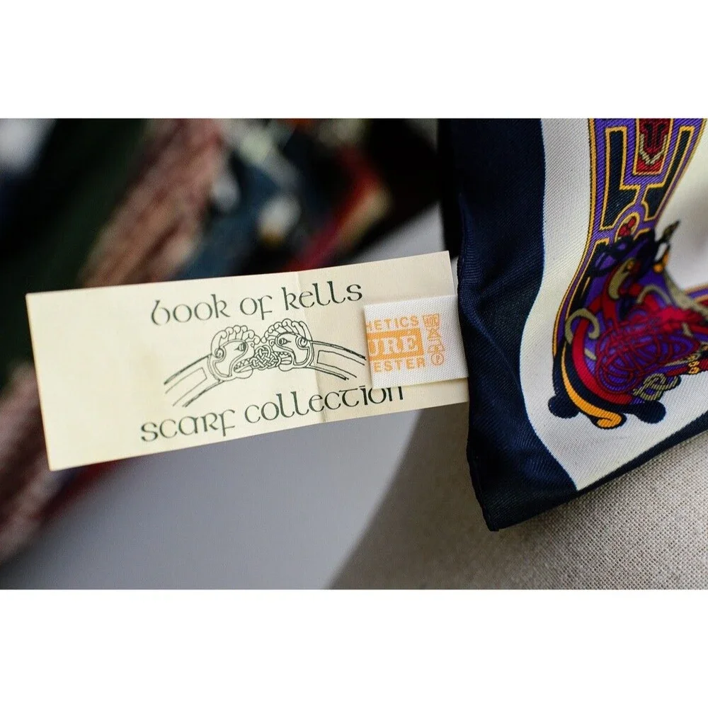 Book of Kells Scarf Celtic Art Irish Navy Border 54 x 12 Colorful Silky neck
